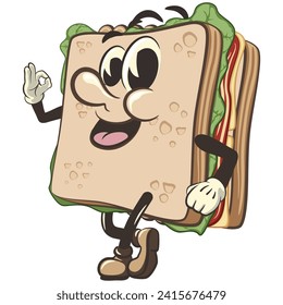 vector illustration of cute sandwich character mascot giving an okay sign, work of handmade