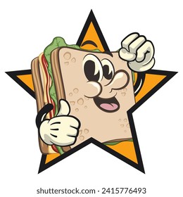 ilustración vectorial de la mascota del personaje de un sándwich lindo fuera de una estrella con los pulgares hacia arriba, trabajo de hecho a mano