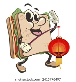 vector illustration of cute sandwich character mascot carrying a traditional chinese lantern, work of handmade