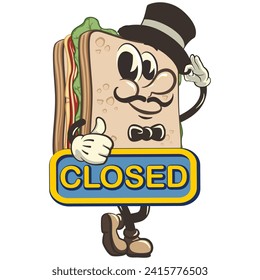 vector illustration of cute sandwich character mascot carrying a sign that says closed, work of handmade