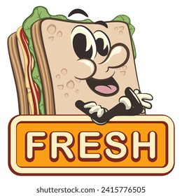 ilustración vectorial de la mascota del personaje de sandwich lindo con un cartel que dice fresco, trabajo hecho a mano