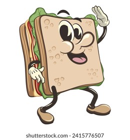 vector illustration of cute sandwich character mascot dancing while waving, work of handmade