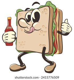 ilustración vectorial de la mascota del personaje de sandwich lindo sosteniendo una botella de ketchup, obra de fabricación artesanal