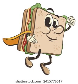 ilustración vectorial de la mascota del personaje de sandwich lindo siendo superhéroe con una capa, obra hecha a mano