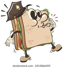 vector illustration of cute sandwich character mascot wearing a police hat and blowing a whistle, work of handmade