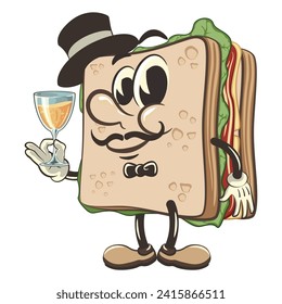 ilustración vectorial de la mascota del personaje de sandwich lindo en un sombrero y corbata de arco levantando una copa de vino, obra hecha a mano