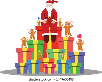 vector illustration of cute Santa Claus is sitting on a variety of colored gifts with Christmas trees as a background.