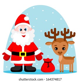  Vector illustration of cute santa claus with gifts and rudolph reindeer.