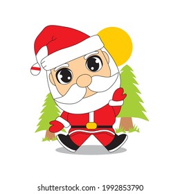 vector illustration of a cute santa claus cartoon that can be seen dancing between the christmas tree
