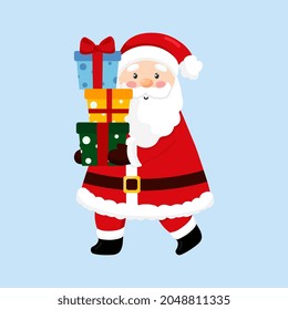 Ilustración vectorial del lindo Papá Noel aislado en el fondo azul. Papá Noel sostiene en las manos cajas de regalo. Feliz Navidad y feliz año nuevo. Estilo plano. 