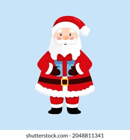 Vector illustration of cute Santa Claus isolated on blue background. Santa Claus holding in hand gift box. Merry Christmas and happy new year. Flat style.