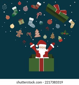 Vector illustration of cute Santa Claus jumping in the box with Christmas gift and decoration object for Merry Christmas concept