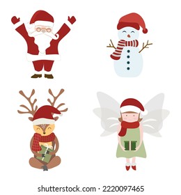 Vector illustration of cute Santa Claus, snowman, reindeer, and angel for Christmas concept