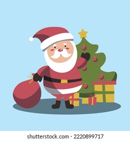 Vector illustration of cute Santa Claus mascot or character isolated on blue background. Flat style. EPS