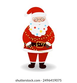 Vector illustration of cute Santa Claus with garlands in a flat style, isolated on a white for festive designs of banners, covers, advertisements, greeting cards. Concept of Christmas and New Year
