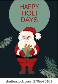 Vector illustration of a cute Santa Claus holding a wrapped gift box, set against a dark background. Christmas greeting card template