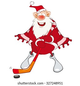Vector Illustration of Cute Santa Claus Ice Hockey Forward. Cartoon Character
