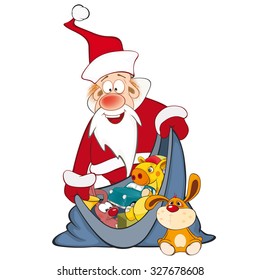 Vector Illustration of Cute Santa Claus and a Sack Full of Gifts. Cartoon Character