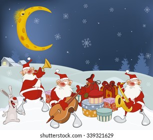 Vector Illustration of Cute Santa Claus Music Band and Christmas Gifts.