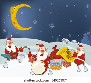 Vector Illustration of Cute Santa Claus Music Band and Christmas Gifts.