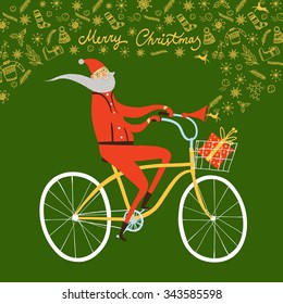 Vector illustration with cute Santa Claus on city bicycle with gift box in basket and doodle Christmas drawings.