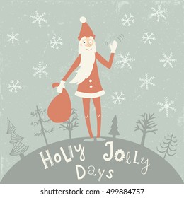 vector illustration of cute Santa Claus standing with present bag and waving, greeting card template