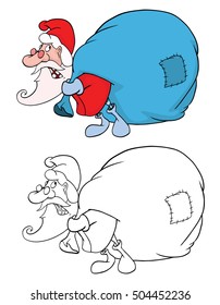 Vector Illustration of Cute Santa Claus and a Sack Full of Gifts. Cartoon Character