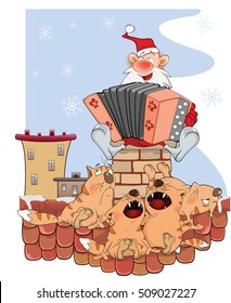 Vector Illustration of a Cute Santa Claus on a Roof. Accordion Player. 