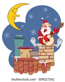 Vector Illustration of a Cute Santa Claus on a Roof and a Banjo