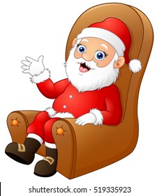 Vector illustration of Cute Santa Claus sitting and waving hands on brown sofa