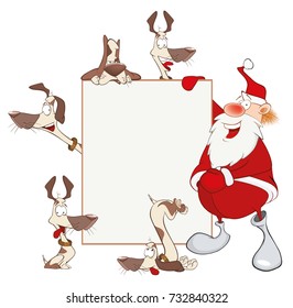 Vector Illustration of Cute Santa Claus Holding Blank Board and Dogs. Cartoon Character
