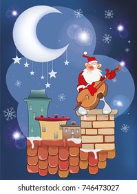 Vector Illustration of the Cute Santa Claus Musician on the Roof.
