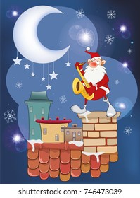 Vector Illustration of the Cute Santa Claus Saxophonist on the Roof.