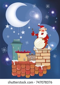 Vector Illustration of the Cute Santa Claus Musician on the Roof 