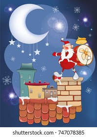 Vector Illustration of the Cute Santa Claus Musician on the Roof. 