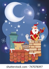 Vector Illustration of the Cute Santa Claus Musician on the Roof. 