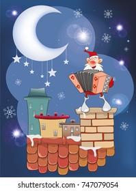 Vector Illustration of the Cute Santa Claus a Accordion Player on the Roof 