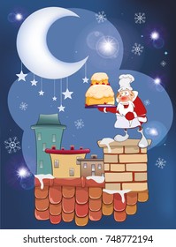 Vector Illustration of the Cute Santa Claus on the Roof. 
