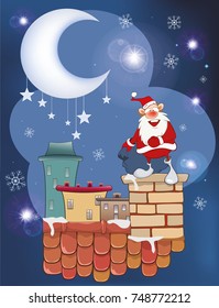 Vector Illustration of the Cute Santa Claus Musician on the Roof. 