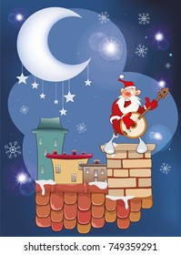 Vector Illustration of the Cute Santa Claus Musician on the Roof. 