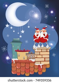 Vector Illustration of the Cute Santa Claus on the Roof. 