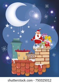 Vector Illustration of the Cute Santa Claus and  Cute Dog on the Roof. 