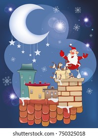 Vector Illustration of the Cute Santa Claus and a Box of Puppies on the Roof. 