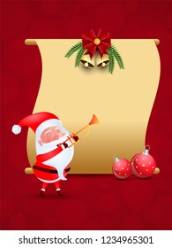 Vector illustration of cute santa clause with bauble and blank scroll paper on red background for Merry Christmas greeting card design.