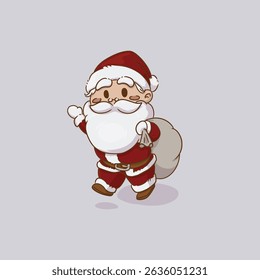 A vector illustration of a cute Santa Clause with a bag full of gift walking and waving hand. Suitable for Christmas theme design, decoration for Christmas product, printable, .education, etc