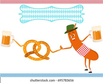 Vector illustration of cute sausage cartoon holding beer hi5 with pretzel during Oktoberfest Octoberfest festival 