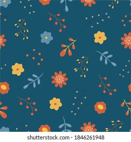 Vector illustration with cute Scandi flowers on a blue background.vector cute repeating pattern for baby fabric, Wallpaper or wrapping paper
