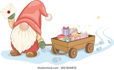 Vector illustration of a cute Scandinavian gnome pulling a wooden wagon loaded with colorful gift boxes, holding an envelope with a wax seal in the snow. Isolated on white background.