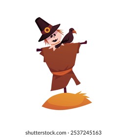 Vector illustration of a cute scarecrow made of straw with a hat and shirt on his shoulder sits a black crow. Perfect for autumn decoration and Halloween decorations.