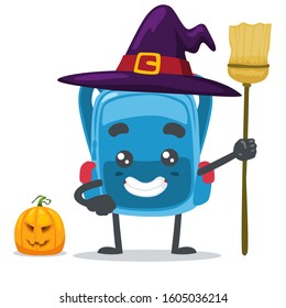 vector illustration of cute school bag wearing witch costume for halloween